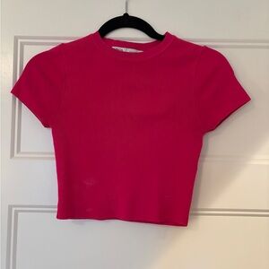 Zara Fuchsia Ribbed Short Sleeve Crop Top